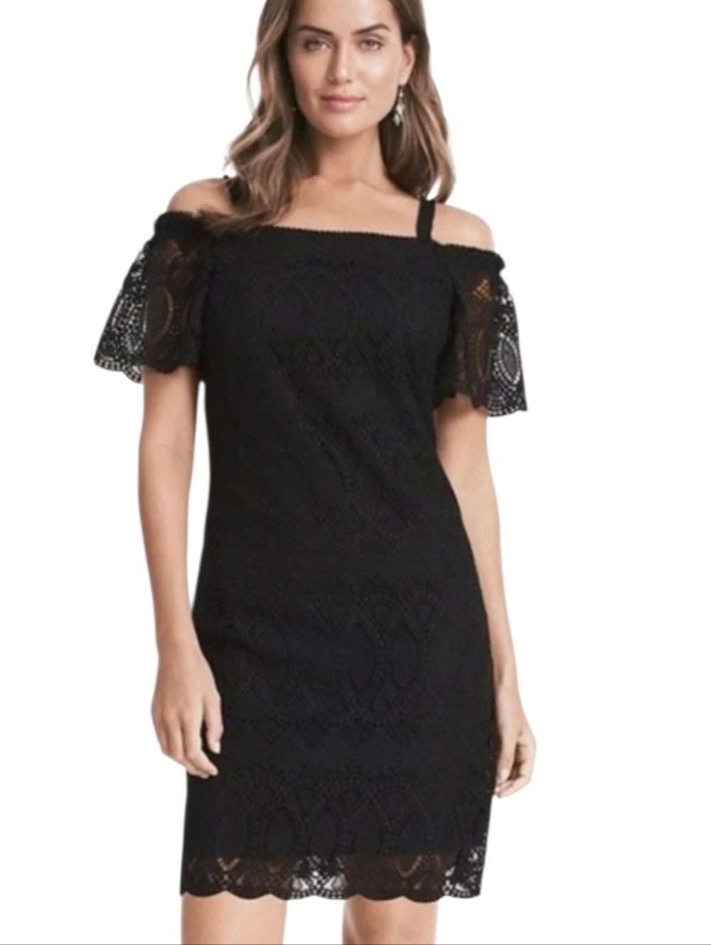 White House Black Market Black Lace Cold Shoulder Dress Sz 10 P